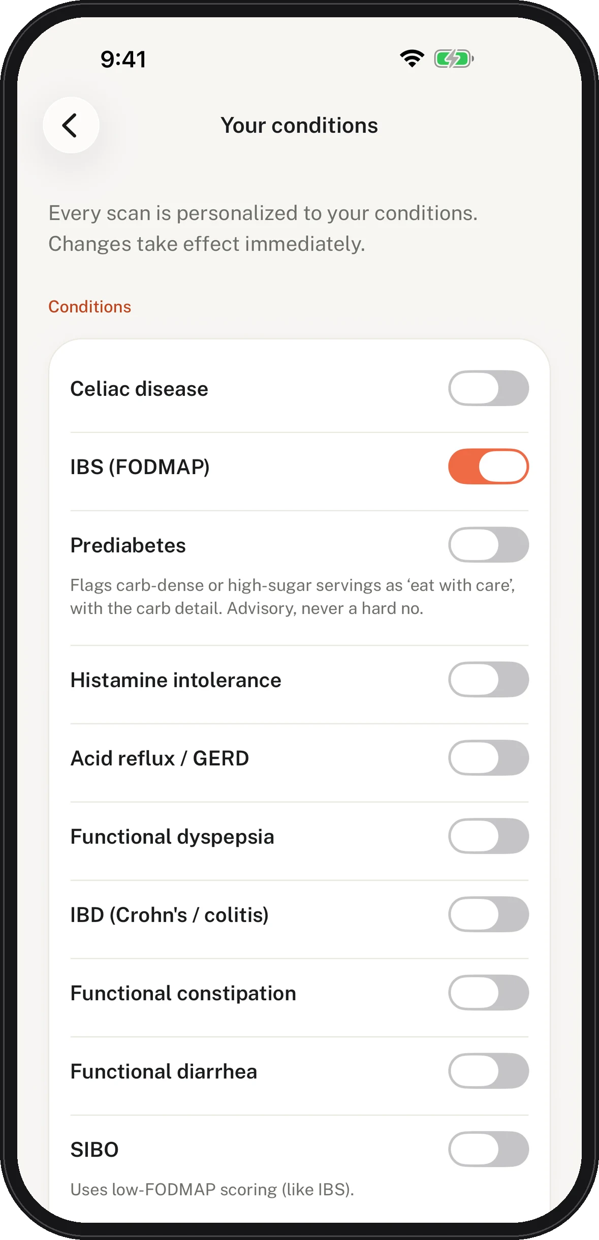 SafeBelly conditions screen with IBS turned on